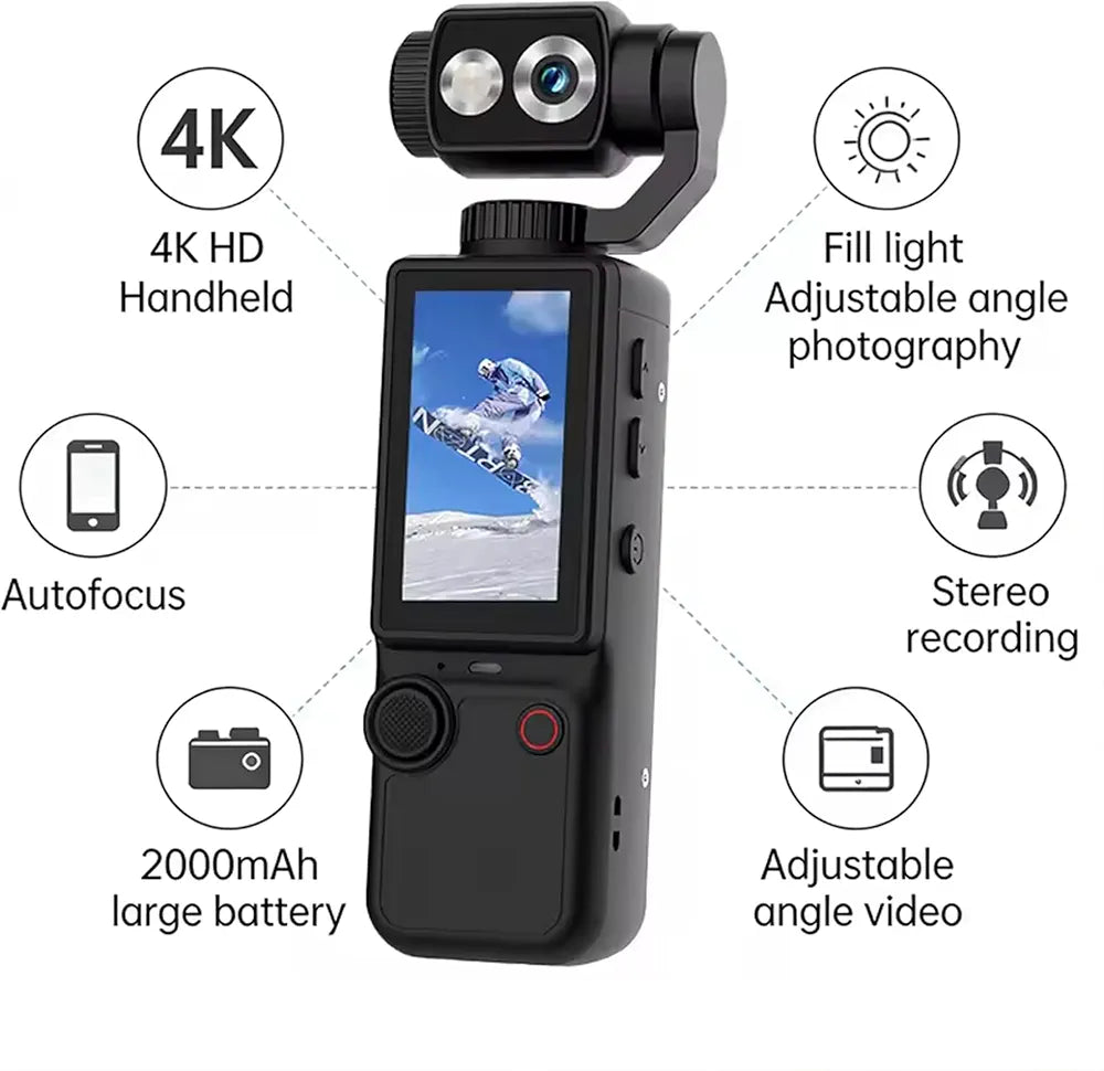 📸 Air Tab Pocket 4K Ultra HD Action Camera – 180° Flip Lens 🔄 | Built-in Fill Light 💡 | Includes Tripod 🏞️