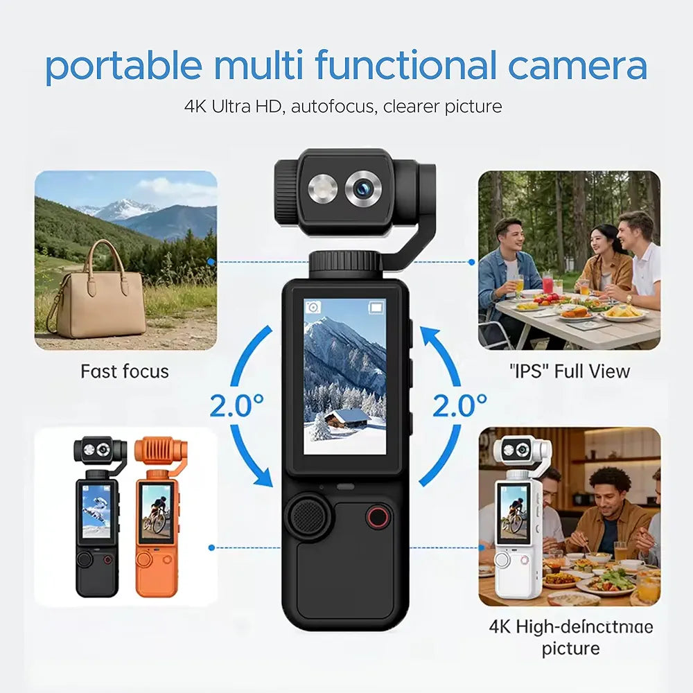 📸 Air Tab Pocket 4K Ultra HD Action Camera – 180° Flip Lens 🔄 | Built-in Fill Light 💡 | Includes Tripod 🏞️